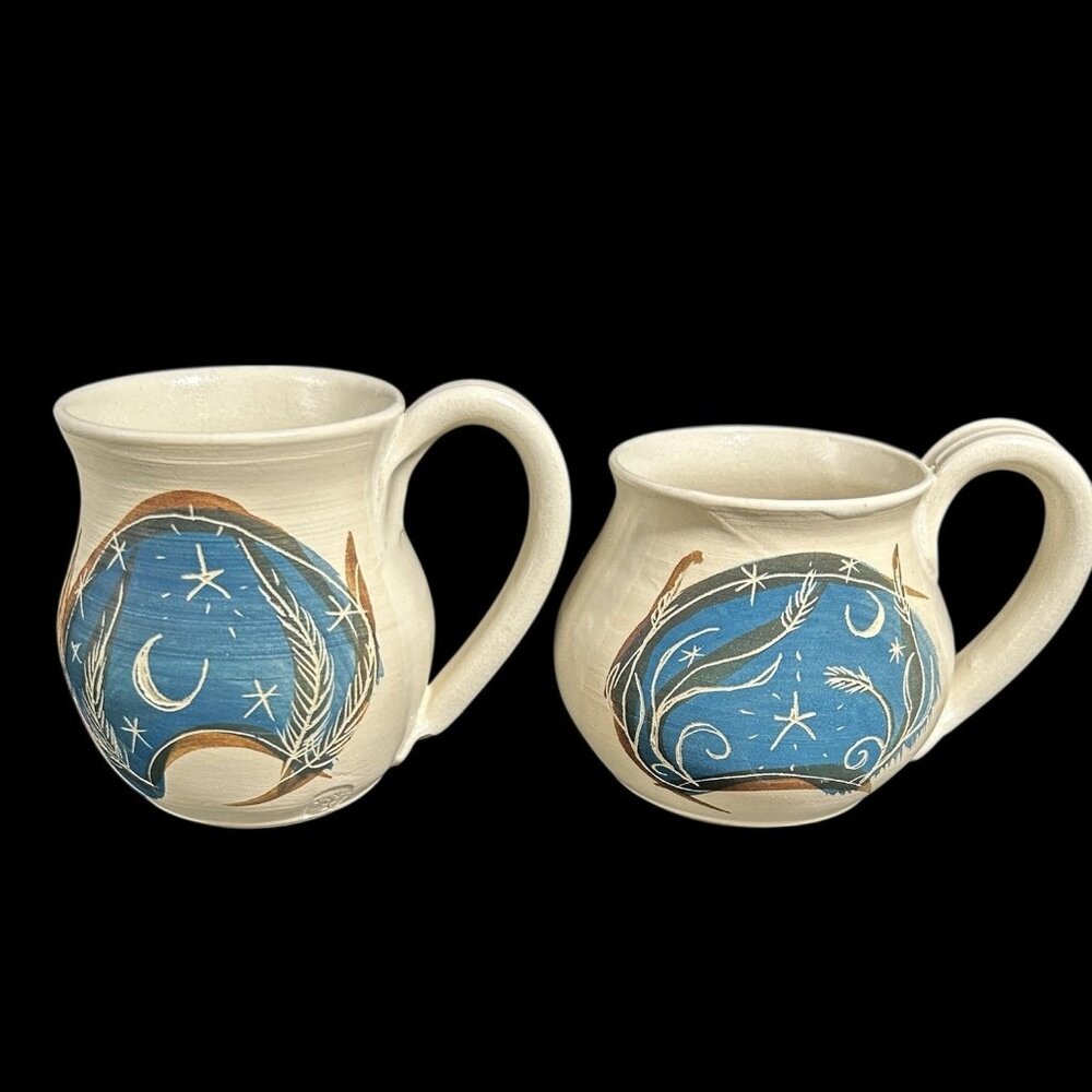 2 Vintage Moon & Star Art Pottery Hand Thrown Painted Incised Artist Signed Mugs